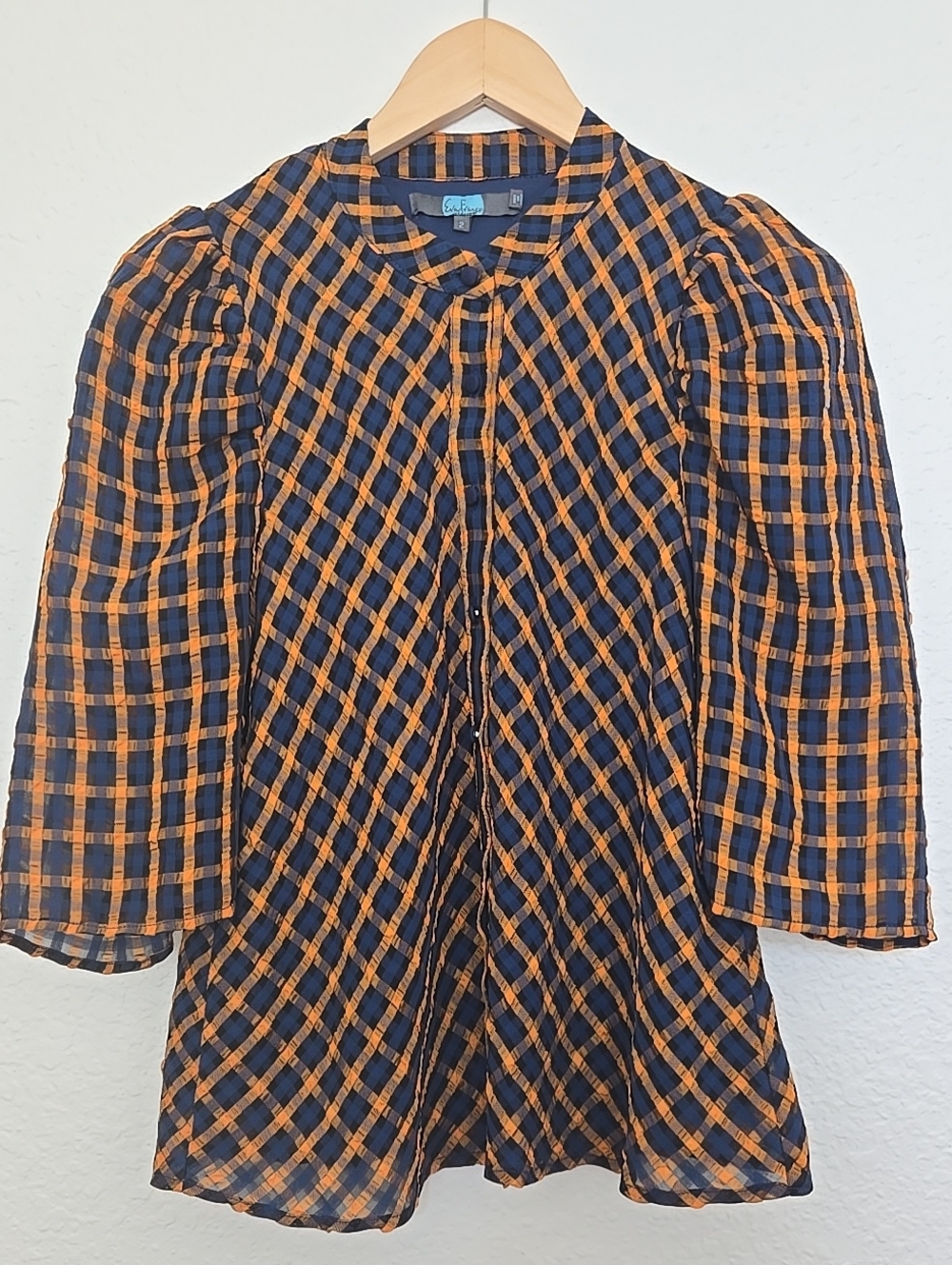 Antropologie Eva Franco Navy and Orange Plaid Puff-Sleeve Blouse Casual Wear.